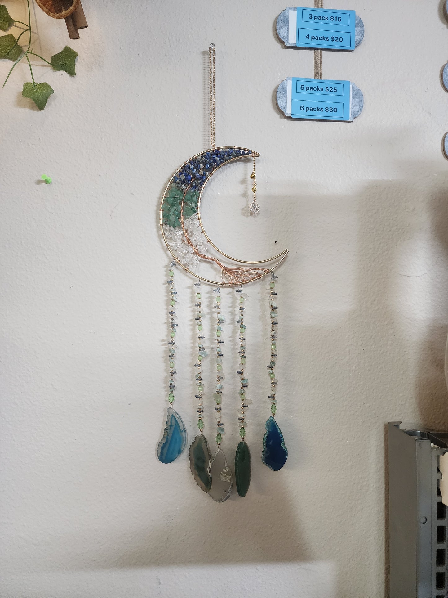 Wall Hanger Crescent Moon Aventurine Lapis Lazuli & Clear Quartz with Agate